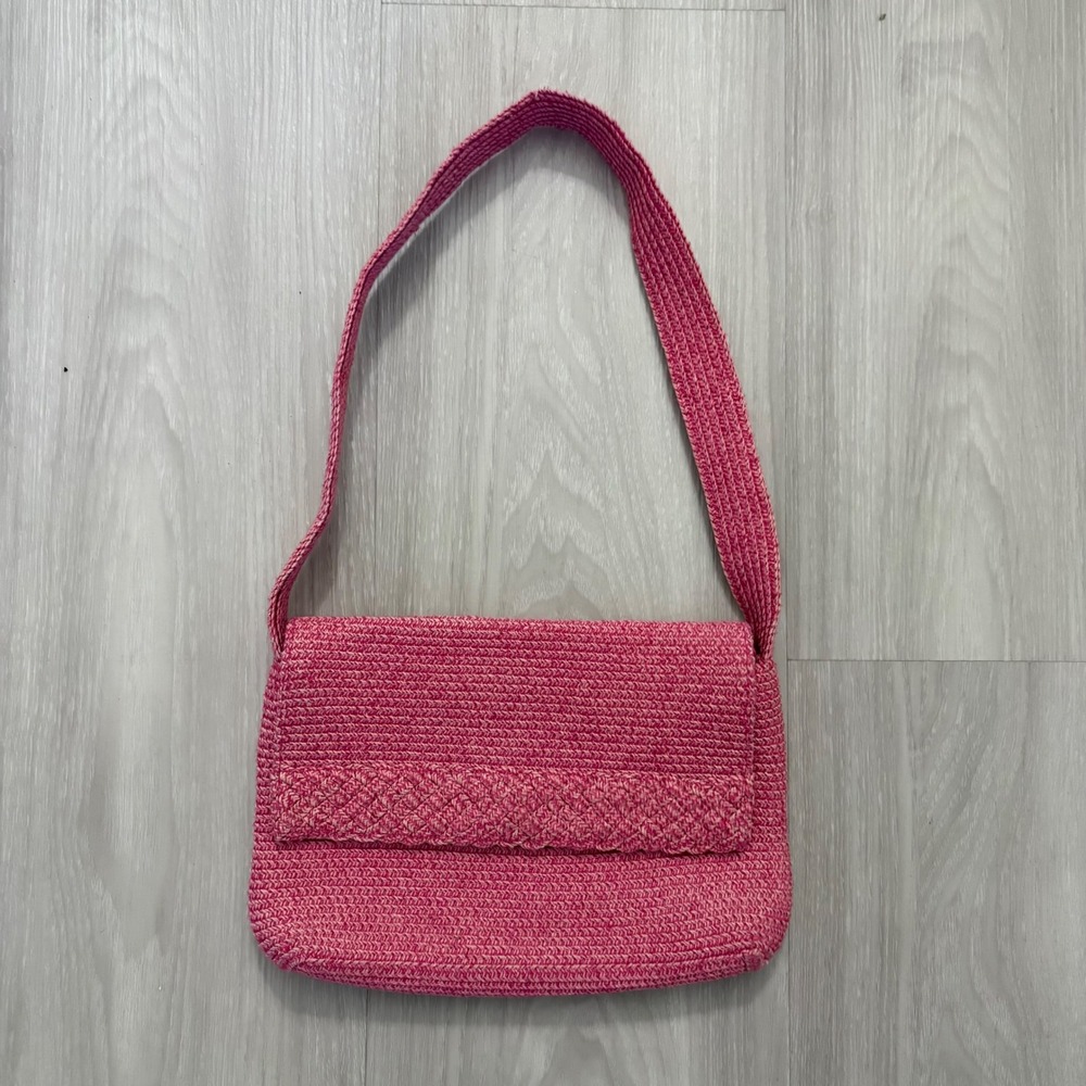 The Scala Collection Bag Pink Crochet Straw Shoulder Bag Butterfly Floral Lining